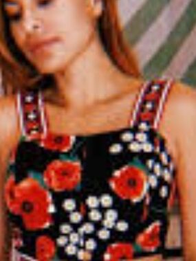 Black Floral Crop Top with Red Poppies, Sz.6